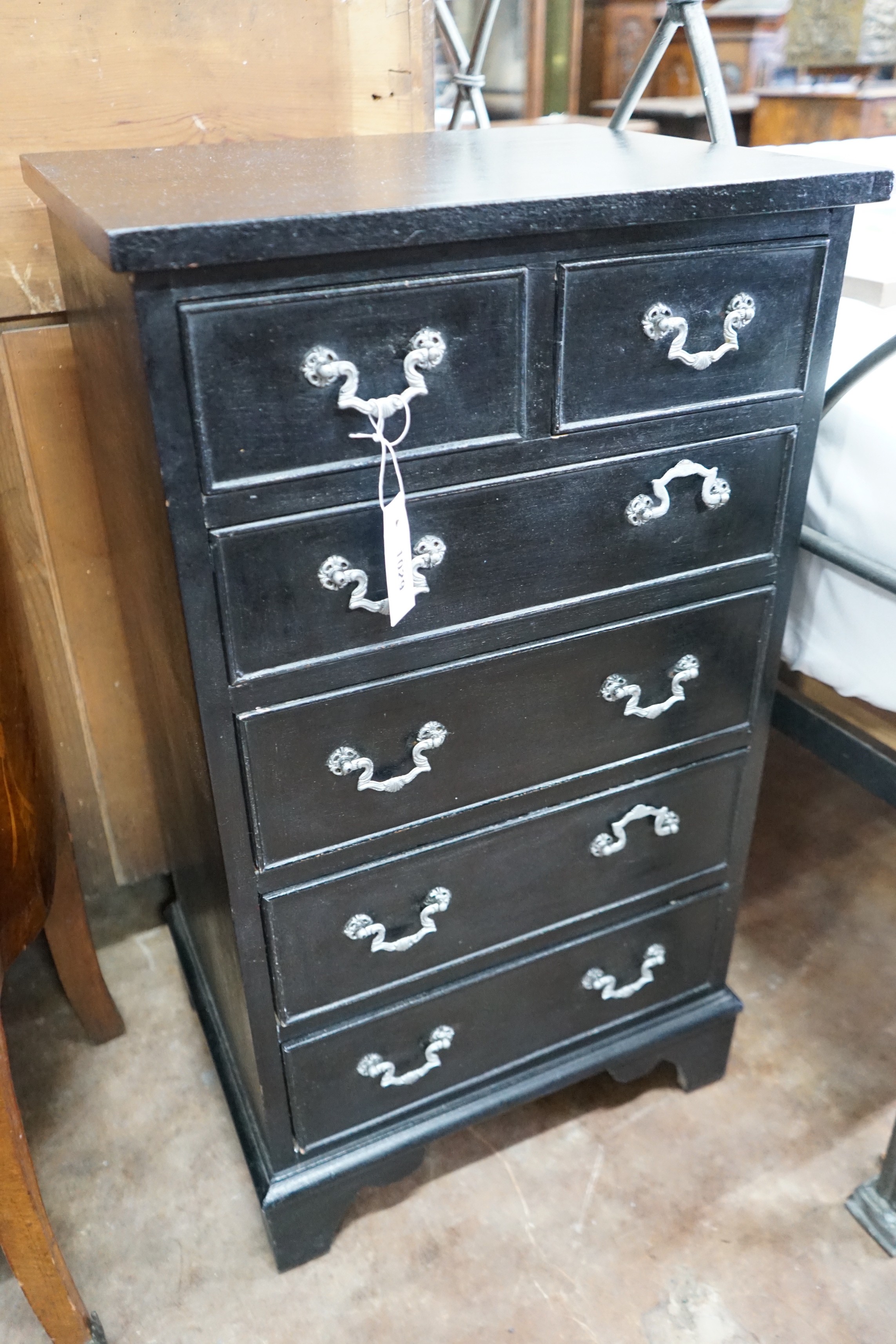 A pair of reproduction George III style painted six drawer chests, width 47cm, depth 38cm, height 84cm